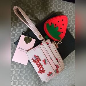 Bnwt Juicy Couture Pink Strawberry Wristlet Cardholder with Red & Green Charm